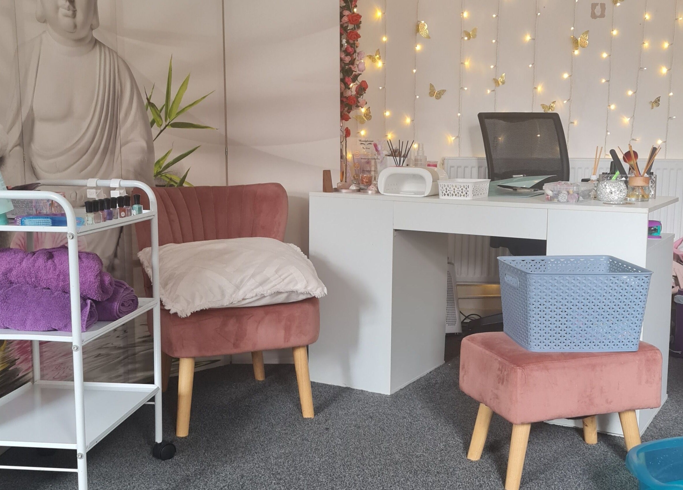 Beautylicious nail and beauty treatment area with plush seating and decor in Poole, England, GB.