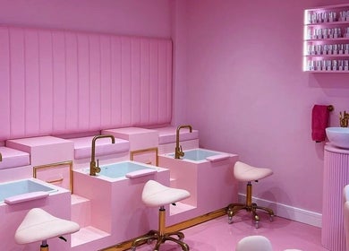 Chic pink pedicure area at Gels by Renata in Middlesbrough, England, GB, highlighting elegant design and comfort.