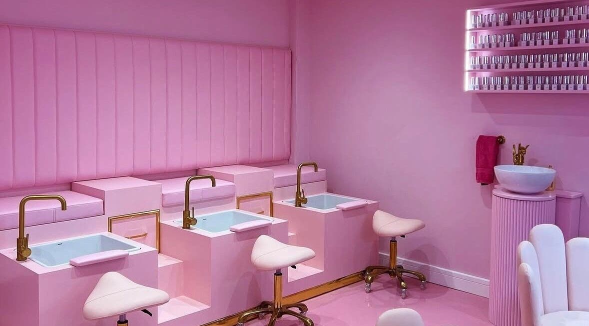 Chic pink pedicure area at Gels by Renata in Middlesbrough, England, GB, highlighting elegant design and comfort.