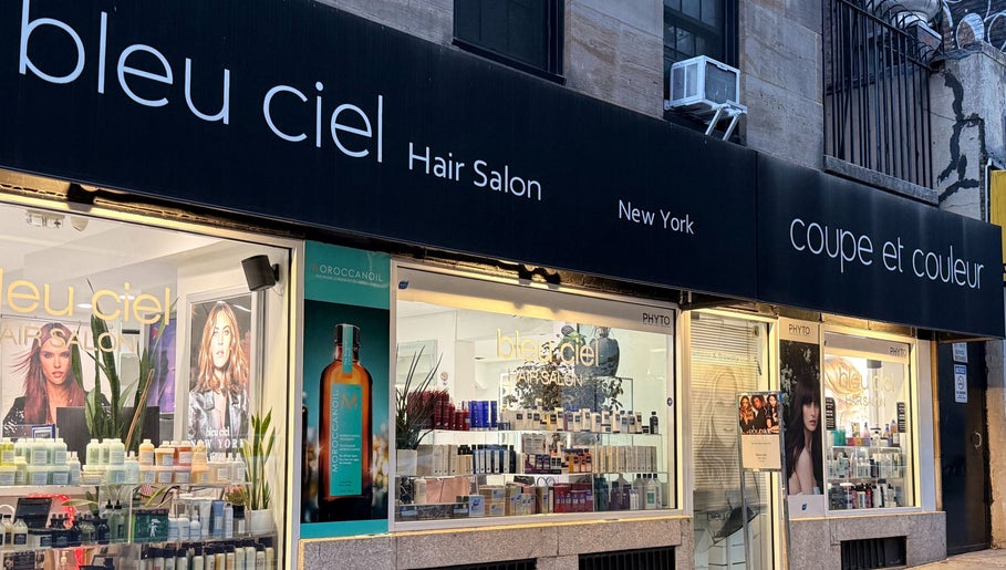 Bleu Ciel salon exterior in New York, New York, US showcasing trendy beauty products and branding.