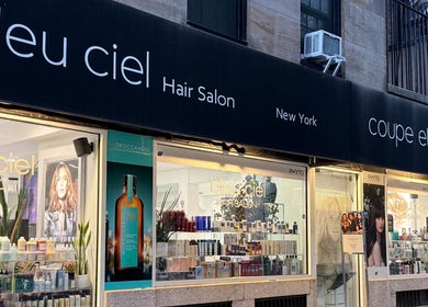 Bleu Ciel salon exterior in New York, New York, US showcasing trendy beauty products and branding.