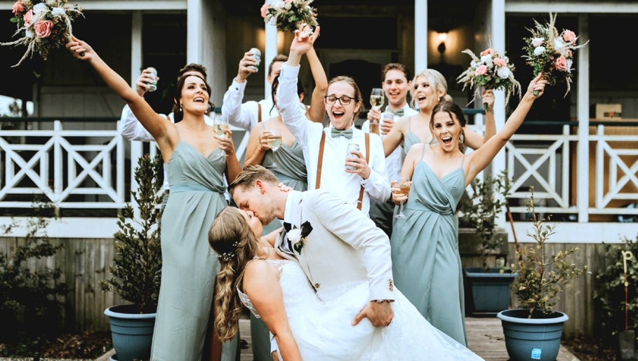 Wedding party celebrating at Beachbums Tanning & Hair Bribie, Bongaree, Queensland, AU with smiles and cheer.