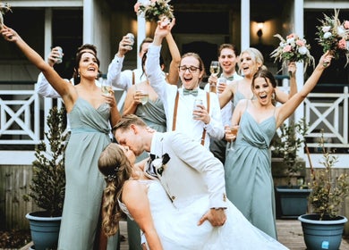 Wedding party celebrating at Beachbums Tanning & Hair Bribie, Bongaree, Queensland, AU with smiles and cheer.