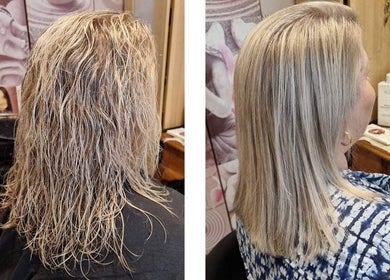Before and after hair makeover at Beachbums Tanning & Hair Bribie, Bongaree, Queensland, AU.