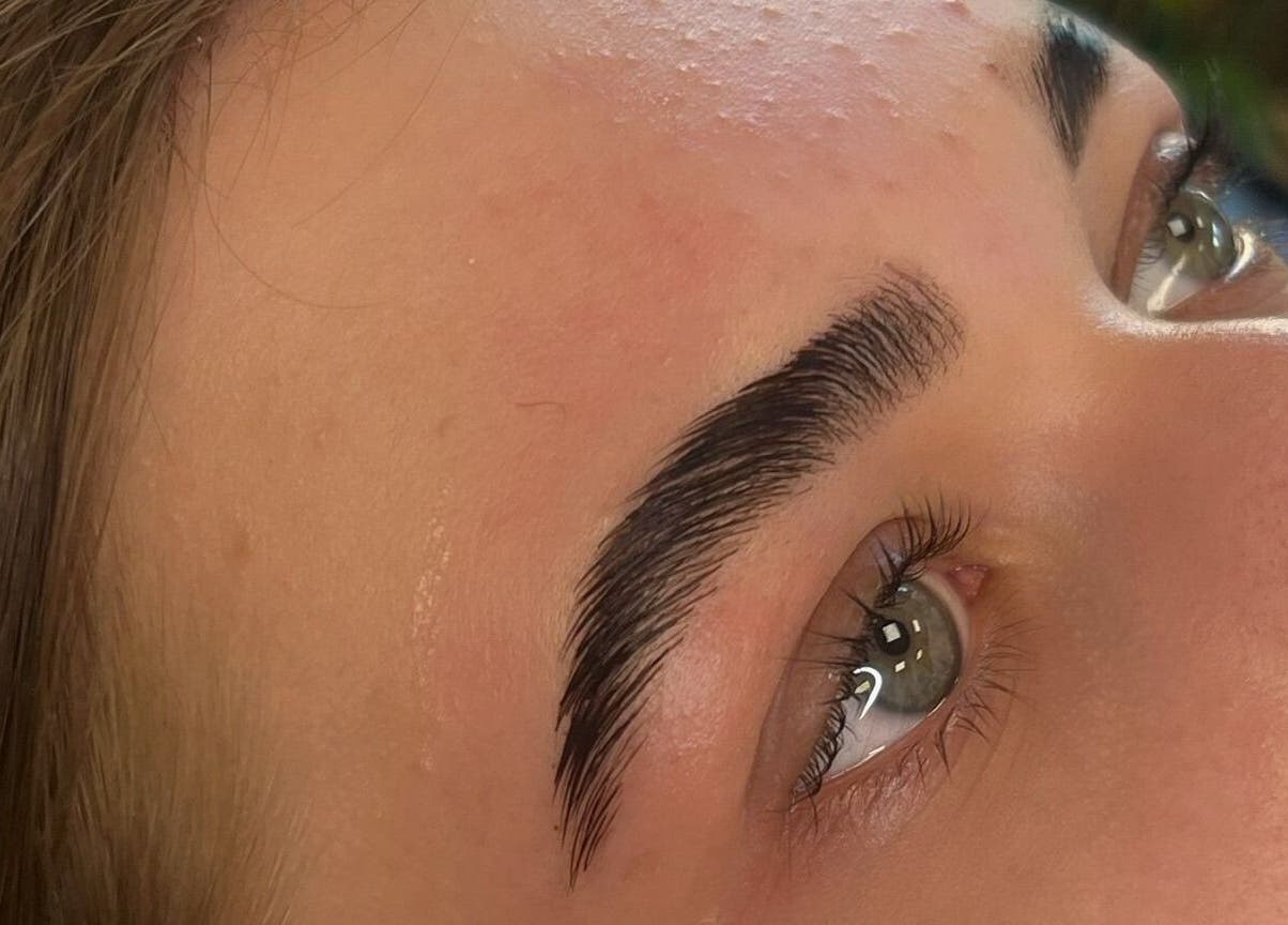 Close-up of expertly shaped eyebrows at Cute But Deadly nail co. Bathgate, Scotland, GB.