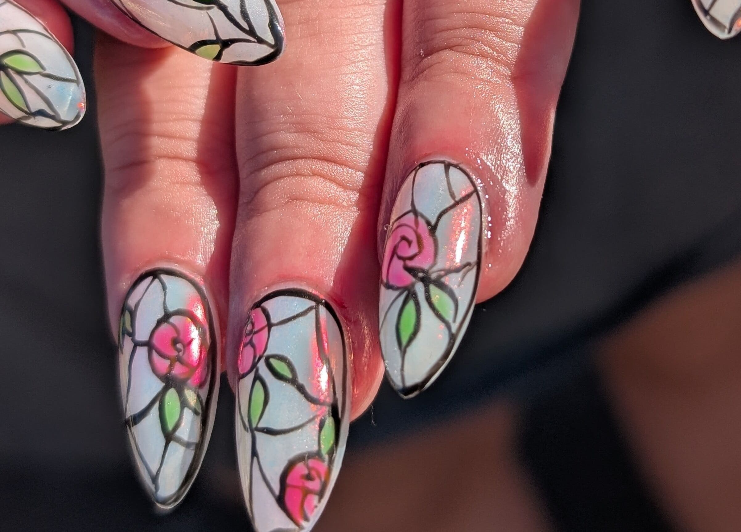 Intricate stained glass nail art at Cute But Deadly nail co., Bathgate, Scotland, GB.