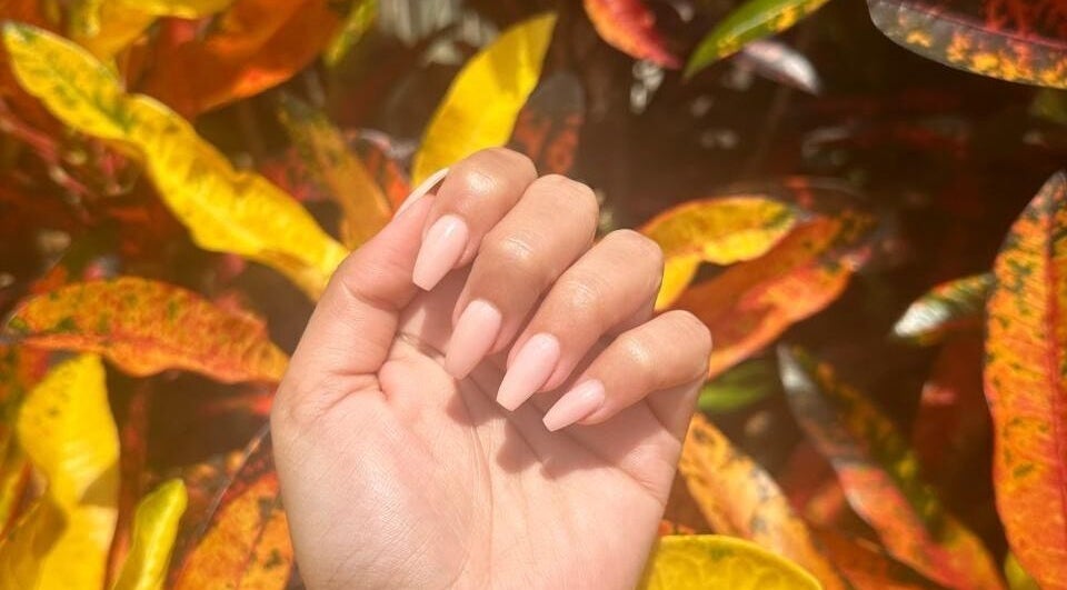 Elegant pink manicure from The Nail Bazar in Randburg, Gauteng, ZA, set against vibrant autumn leaves.