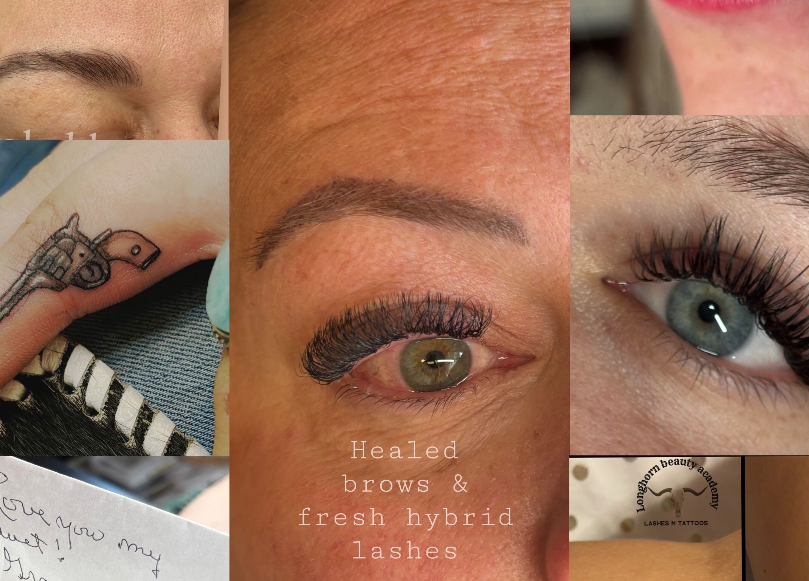 Collage of brows, lashes, and tattoos at Longhorn Beauty Academy, Post Falls, Idaho, US.
