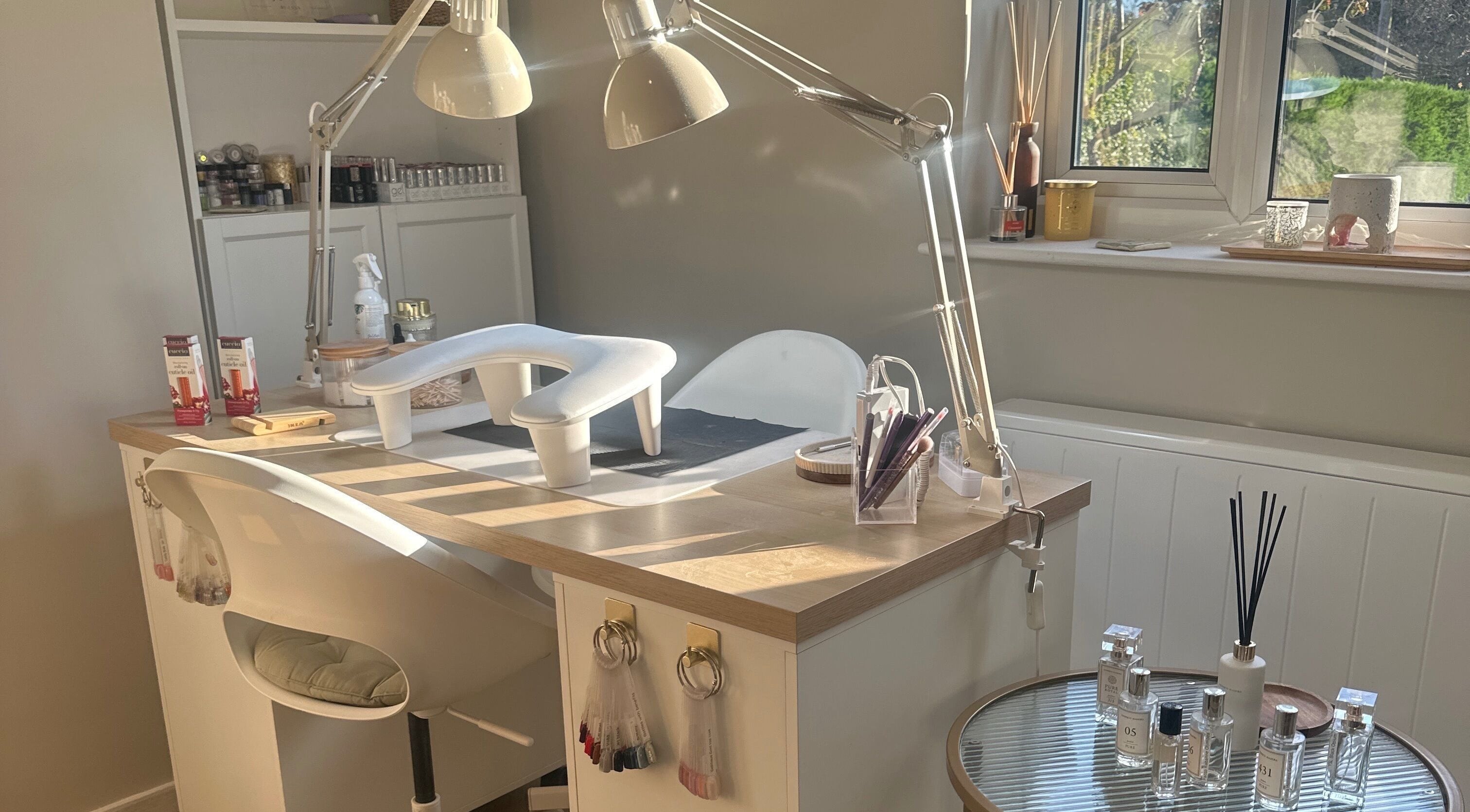 Bright nail station at Ll Nails By Lana, Stedham, England, GB, showcasing a well-equipped workspace.