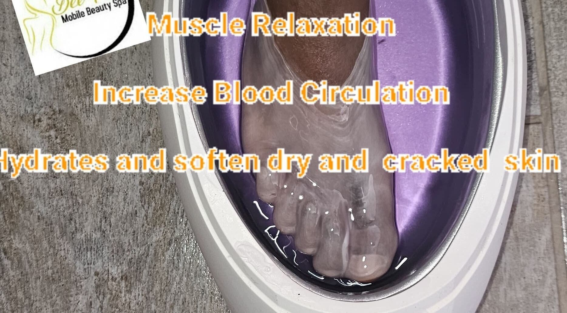 Foot soaking in soothing bath at Deepee Mobile Beauty Spa, Kuruman, Northern Cape, ZA.