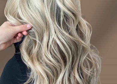 Elegant blond waves styled at Blonde Design Co., Mount Forest, Ontario, CA.