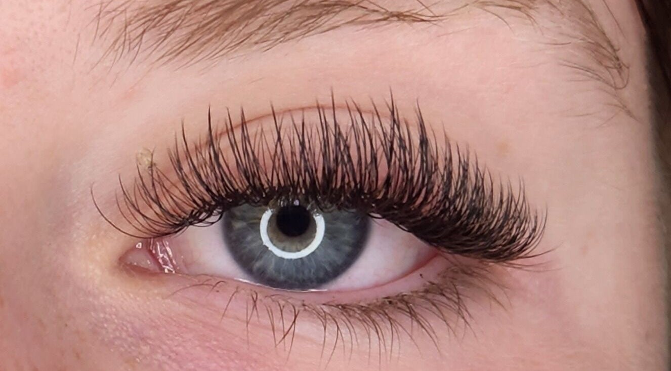 Close-up of eyelash extensions at On The Fly Lashes, Latrobe, Tasmania, AU showcasing lush and voluminous lashes.