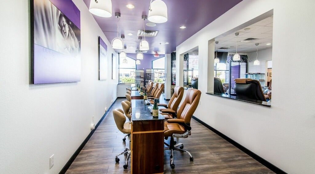 Modern seating at Lavender Nail Bar in Plano, Texas, US offering luxurious nail care services.