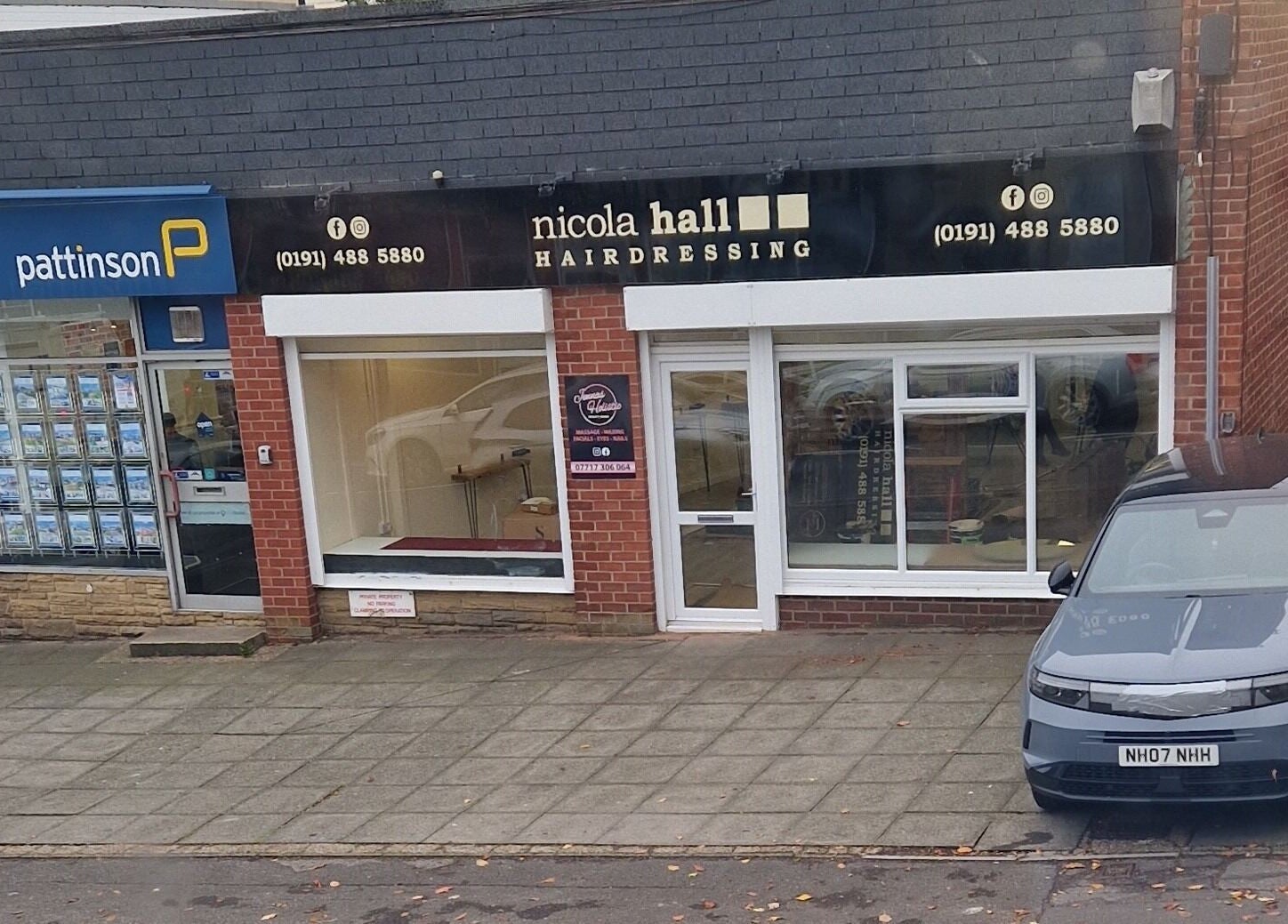 Street view of shops in Whickham, England, near Jenna's Holistic Beauty Room.