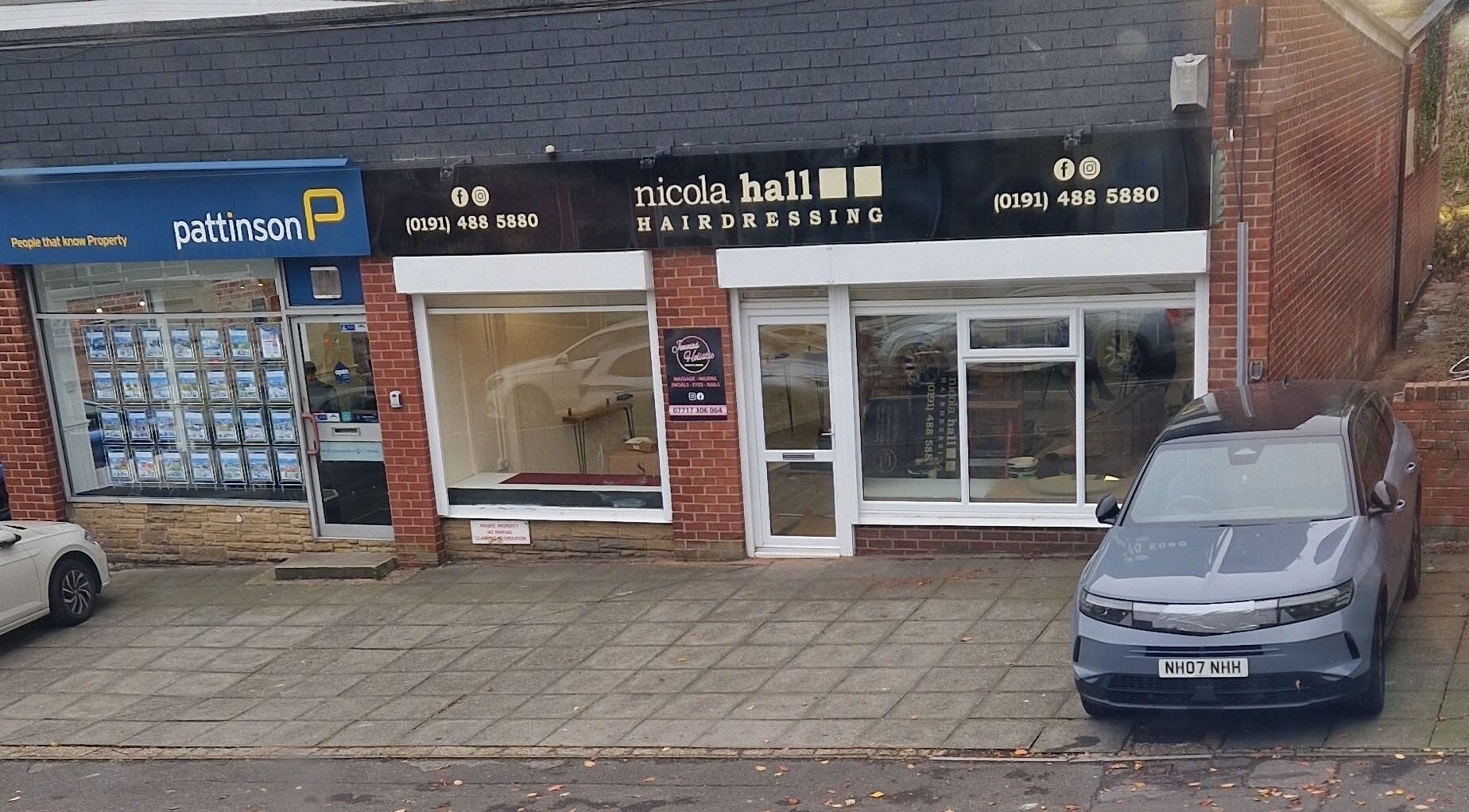 Street view of shops in Whickham, England, near Jenna's Holistic Beauty Room.