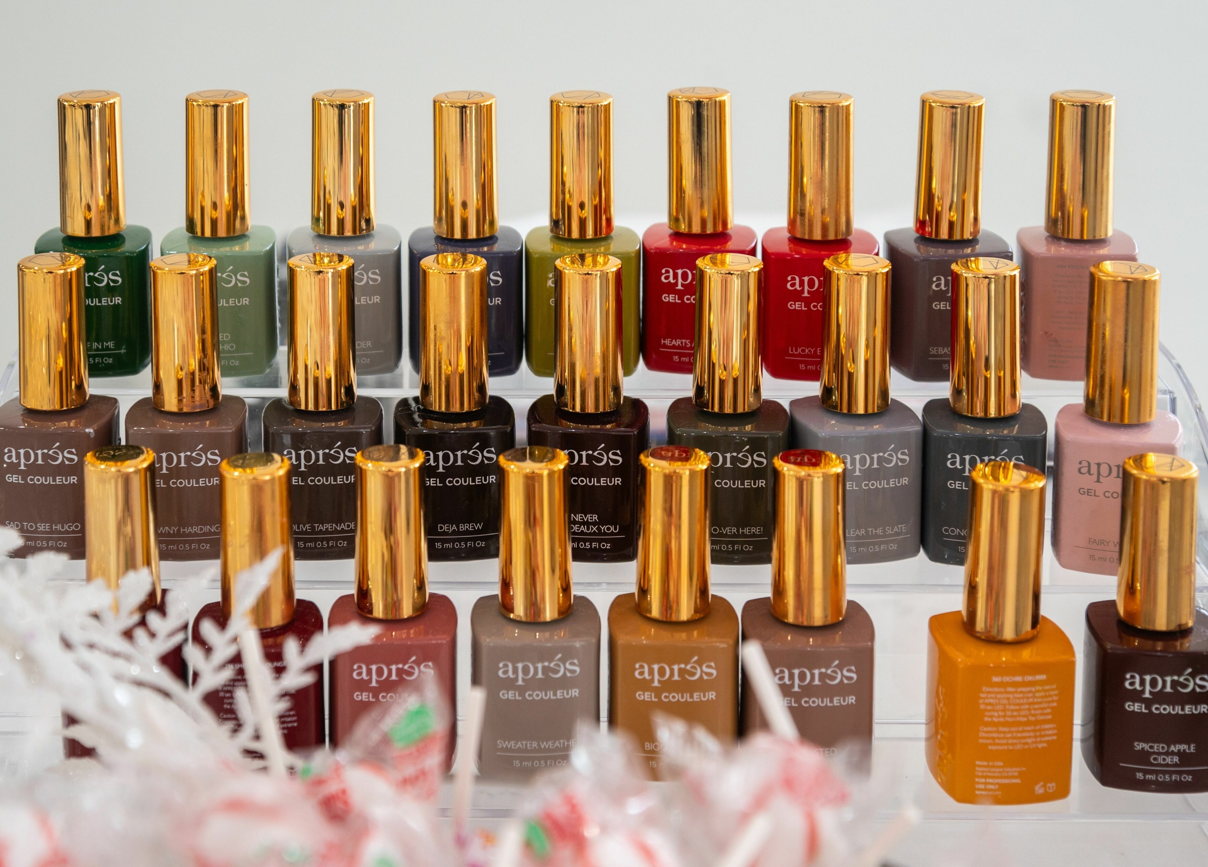 Vibrant nail polish collection at French Nails Luxury Spa and Bar, Dallas, Texas, US.