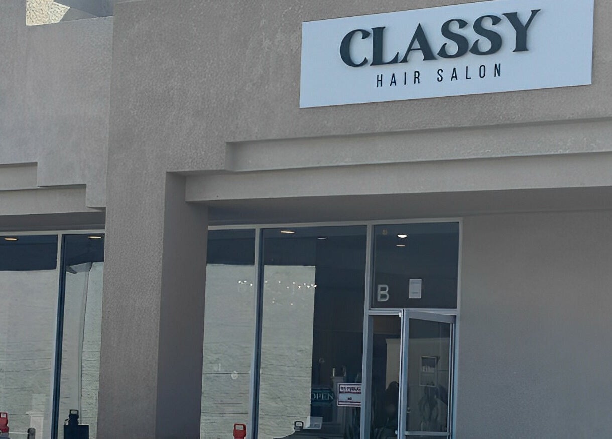 Entrance of Classy Hair Salon in Gardena, California, US, showcasing modern design.