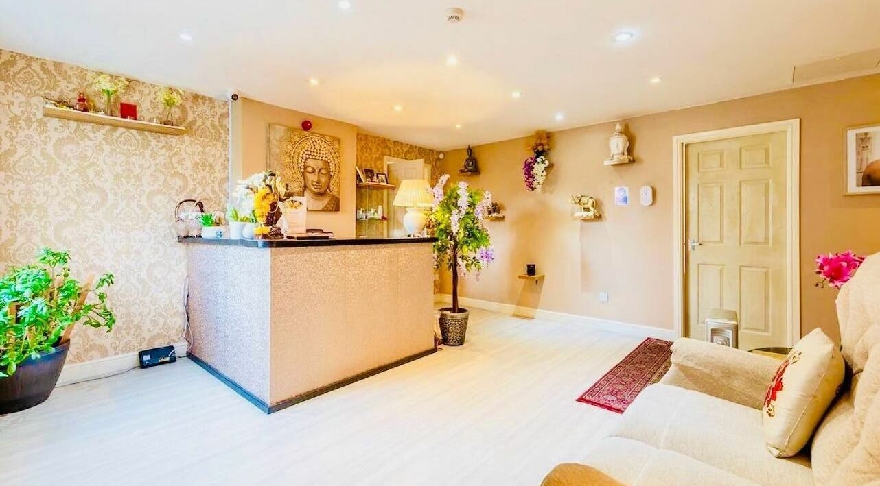 Calm reception at Sabai Thai Massage Therapy in Talbot Green, Wales, GB, featuring elegant decor and tranquil lighting.