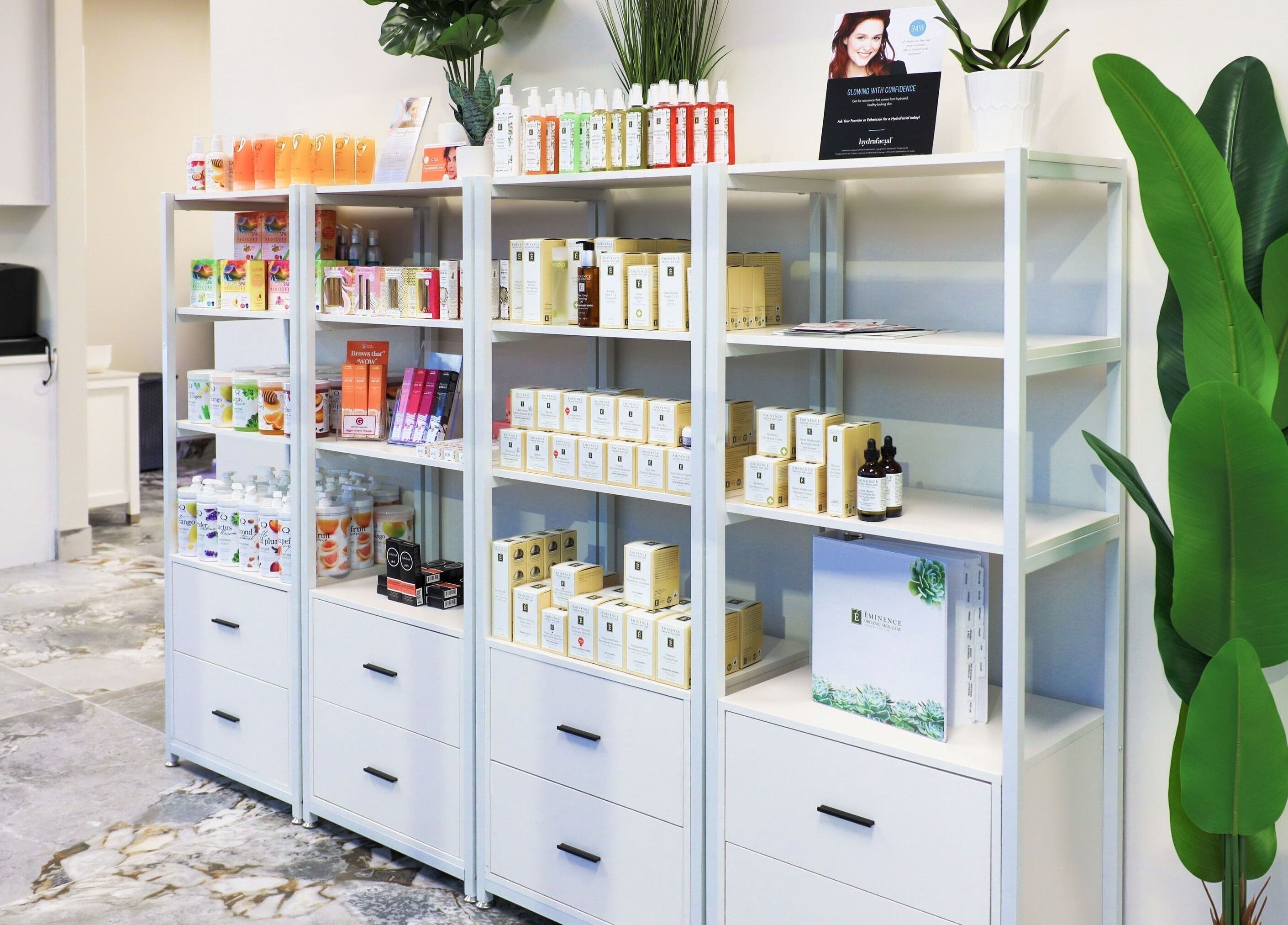 Elegant product shelves at Vogue Lashes & Spa - Greenbrier in Chesapeake, Virginia, US.