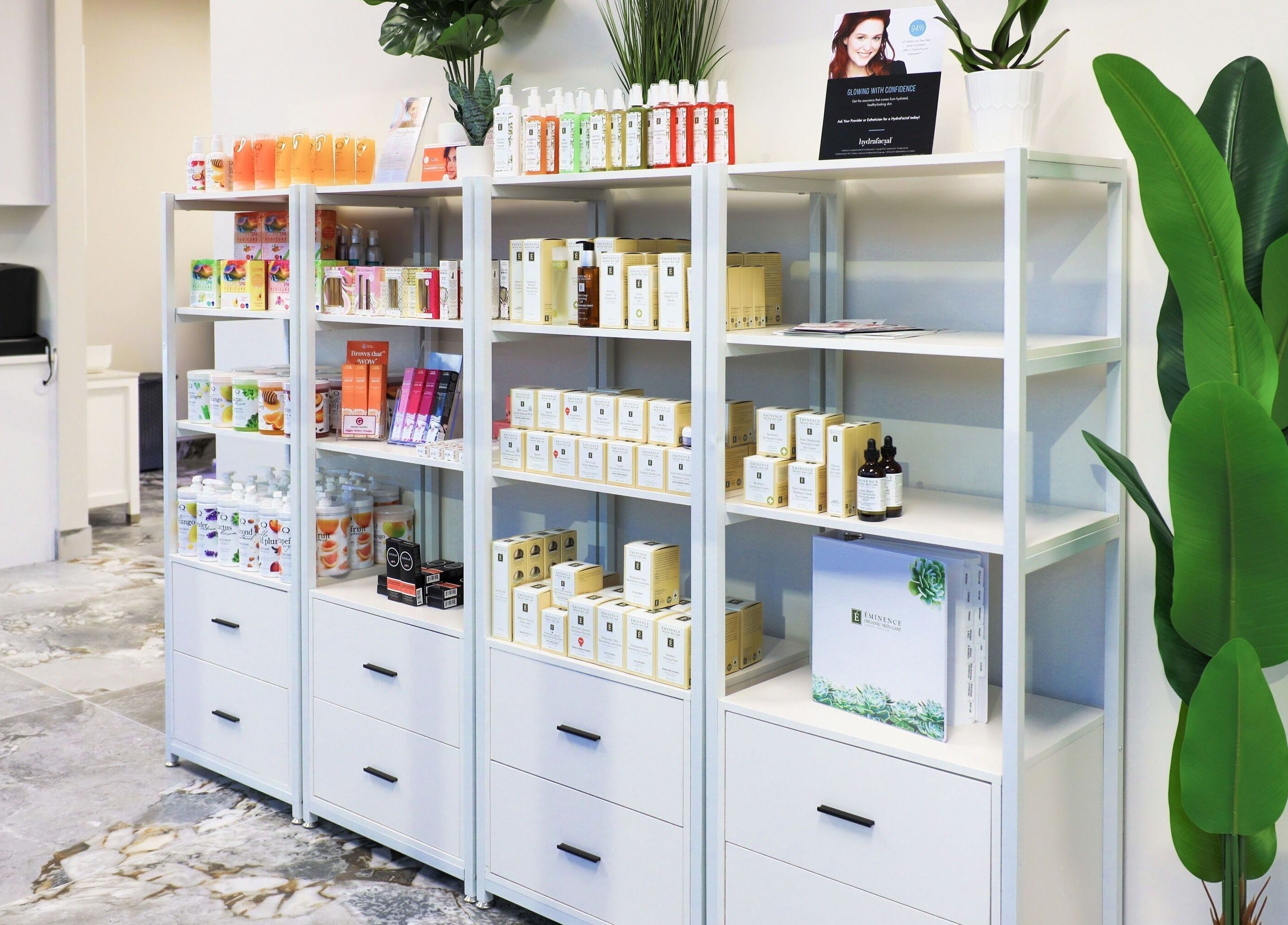 Elegant product shelves at Vogue Lashes & Spa - Greenbrier in Chesapeake, Virginia, US.
