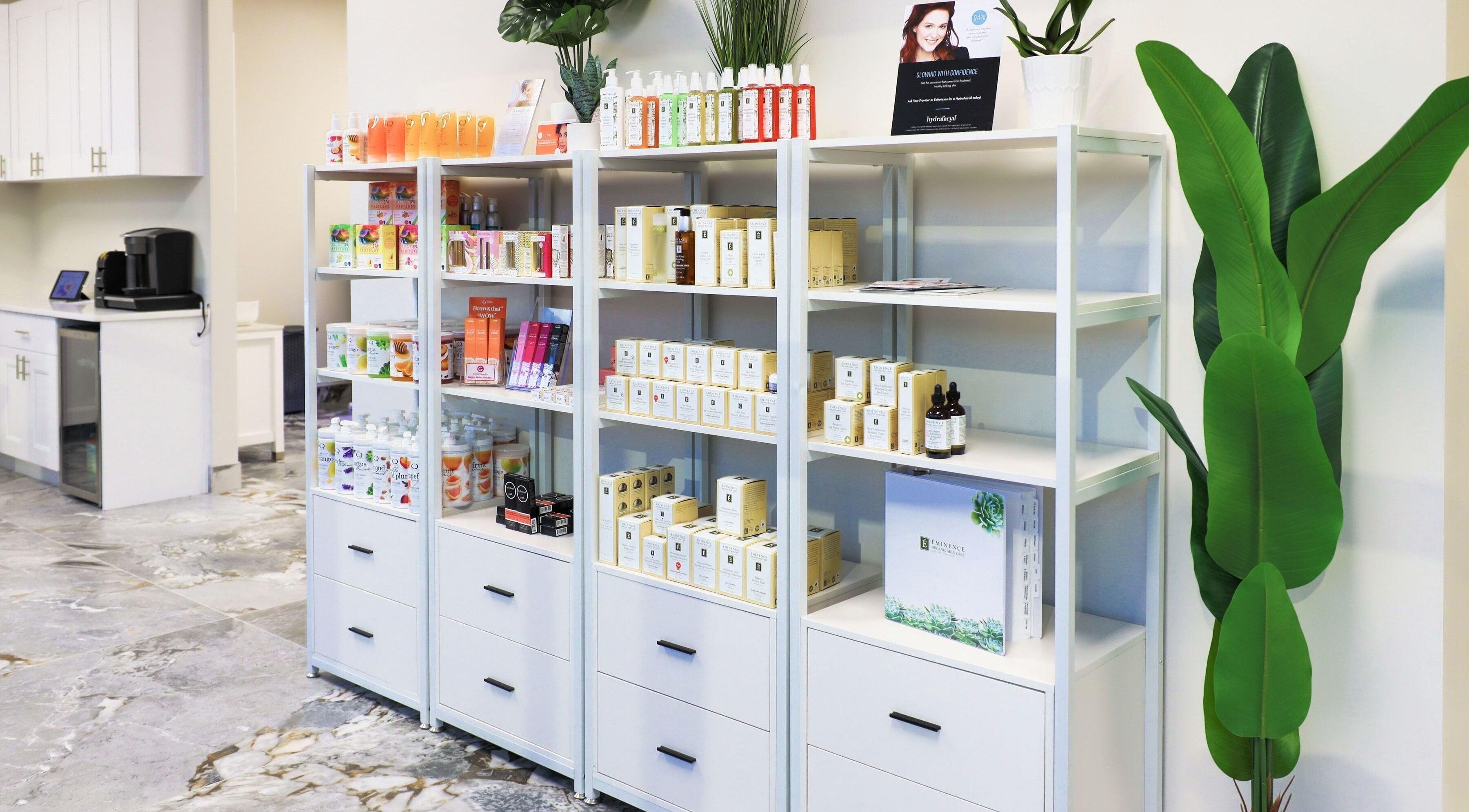 Elegant product shelves at Vogue Lashes & Spa - Greenbrier in Chesapeake, Virginia, US.