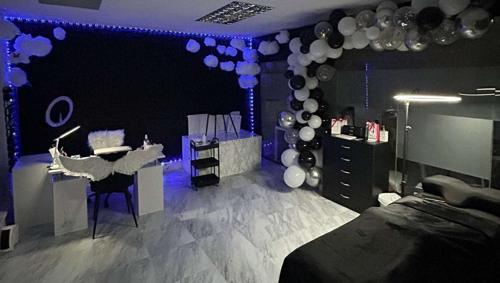 Modern beauty studio decorated with balloons at Lash’d aesthetics UK, Peterborough, England, GB.