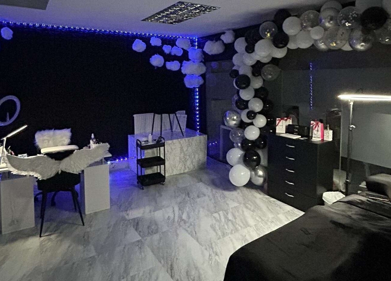 Modern beauty studio decorated with balloons at Lash’d aesthetics UK, Peterborough, England, GB.