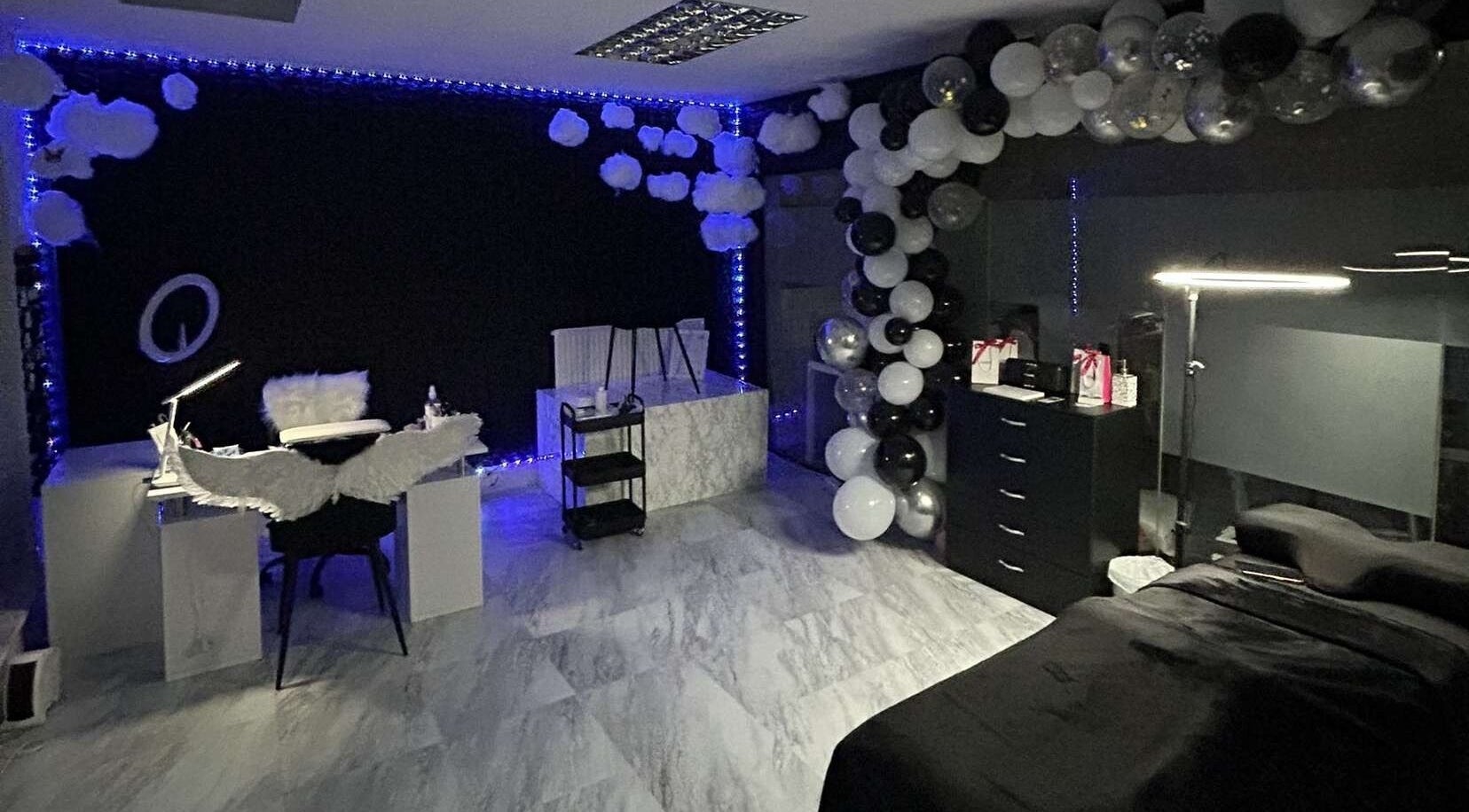 Modern beauty studio decorated with balloons at Lash’d aesthetics UK, Peterborough, England, GB.