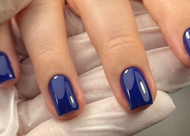 Close-up of elegant blue manicure at Edit By ELM, Binfield, England, GB.