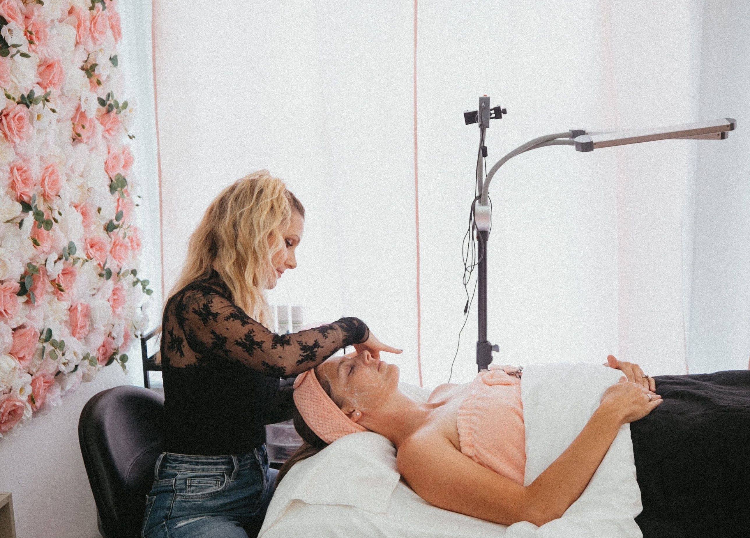 Facial treatment at Get Up and Glow Beauty Studio, Chehalis, Washington, US. Aesthetician and serene client.