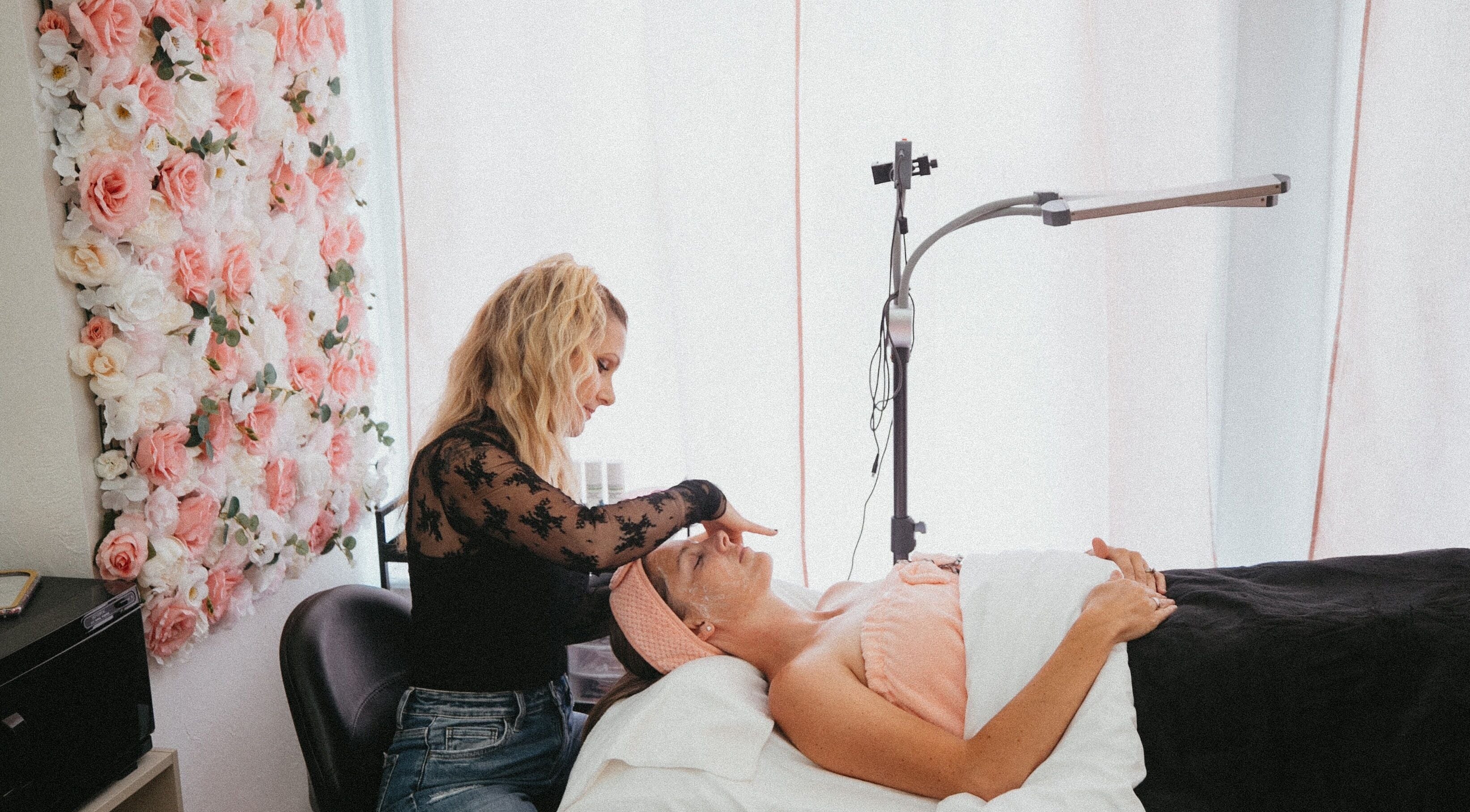 Facial treatment at Get Up and Glow Beauty Studio, Chehalis, Washington, US. Aesthetician and serene client.