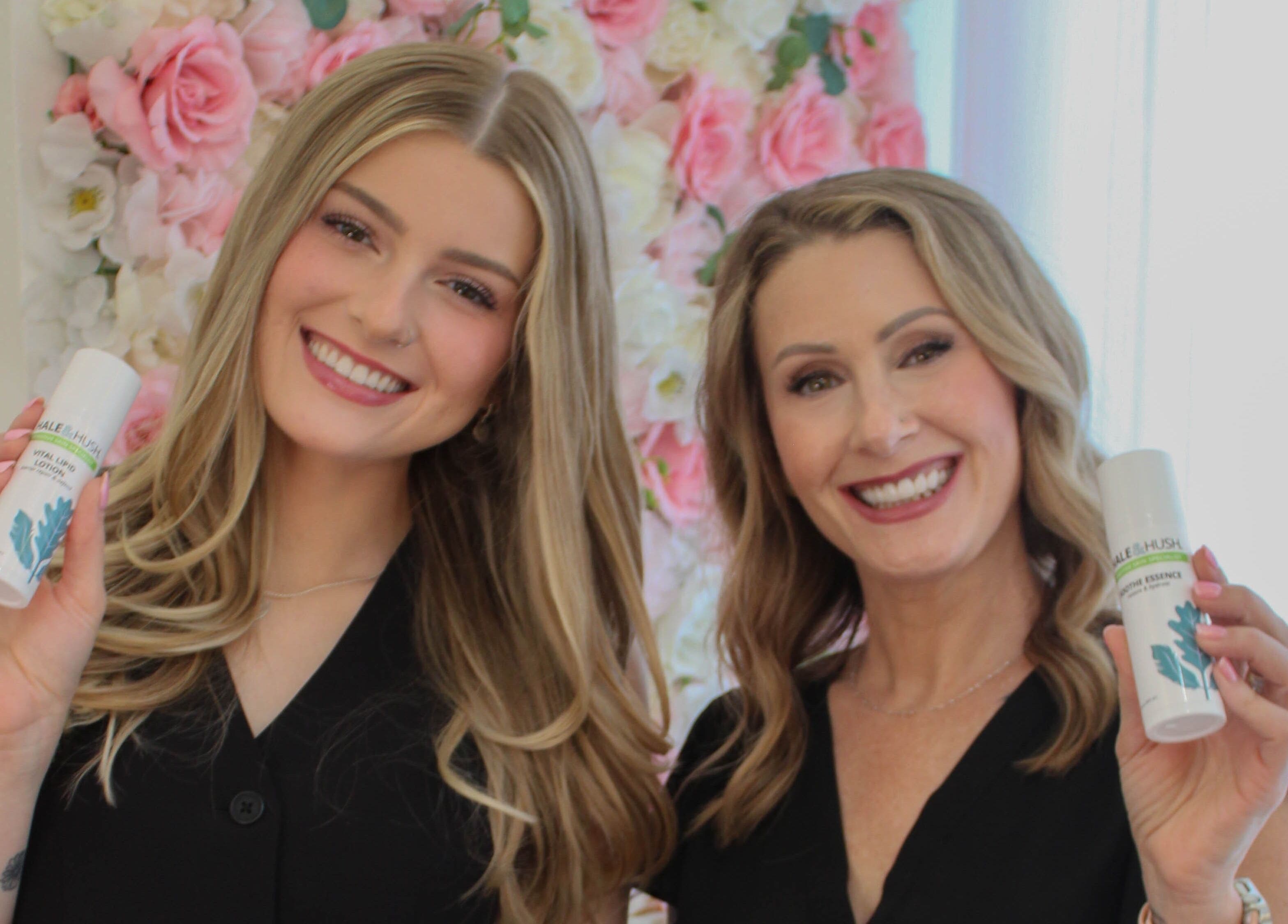 Two smiling women with skincare products at Get Up and Glow Beauty Studio in Chehalis, Washington, US.