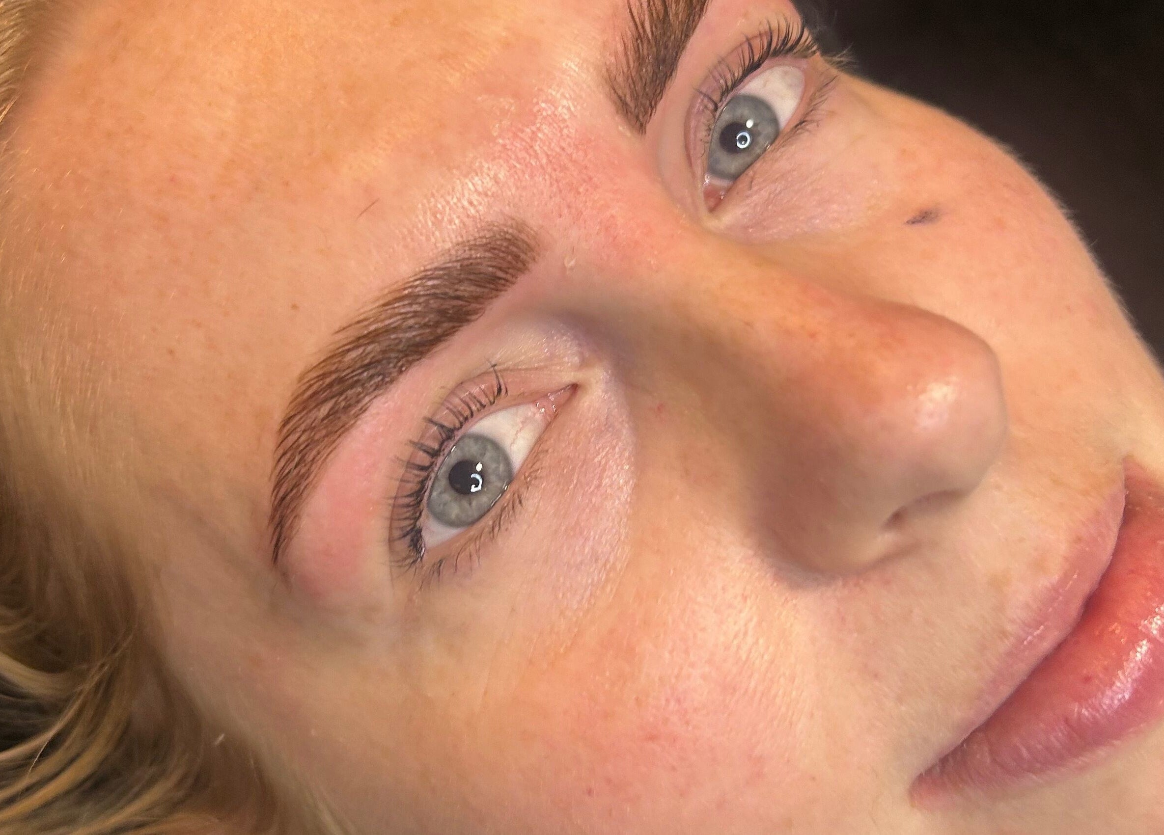 Close-up of perfectly styled eyebrows at Hannah Kathleen, Birmingham, England, GB.