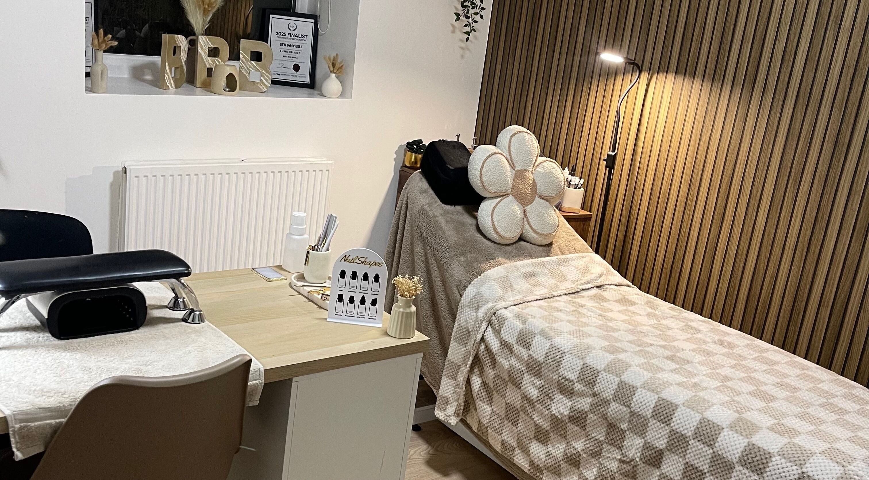 BBbeauty salon room with cozy bed and nail station, Houghton Le Spring, England, GB.