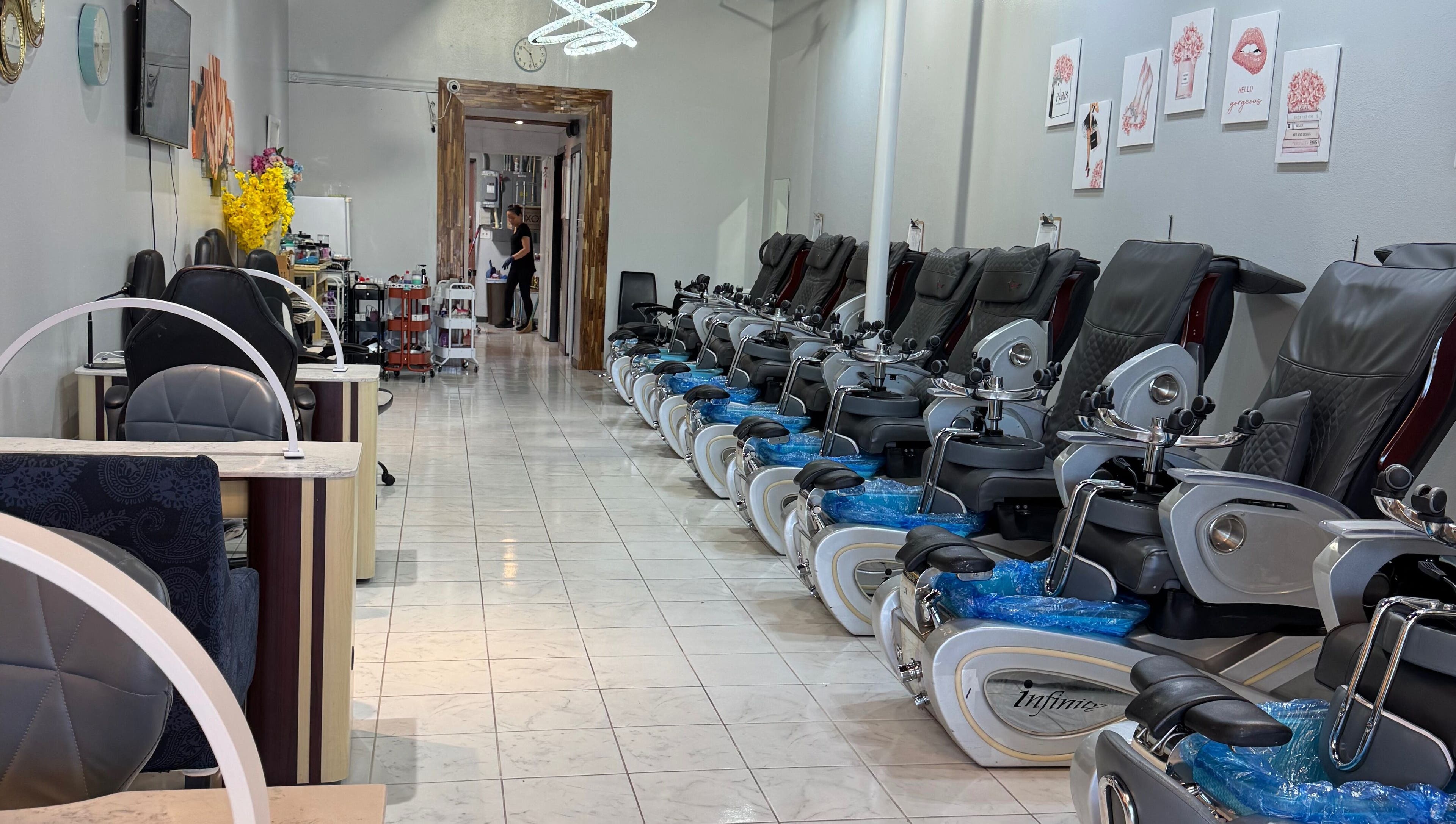 Prink Polished Nail Spa elegant pedicure chairs, Missouri City, Texas, US, inviting relaxation and beauty services.
