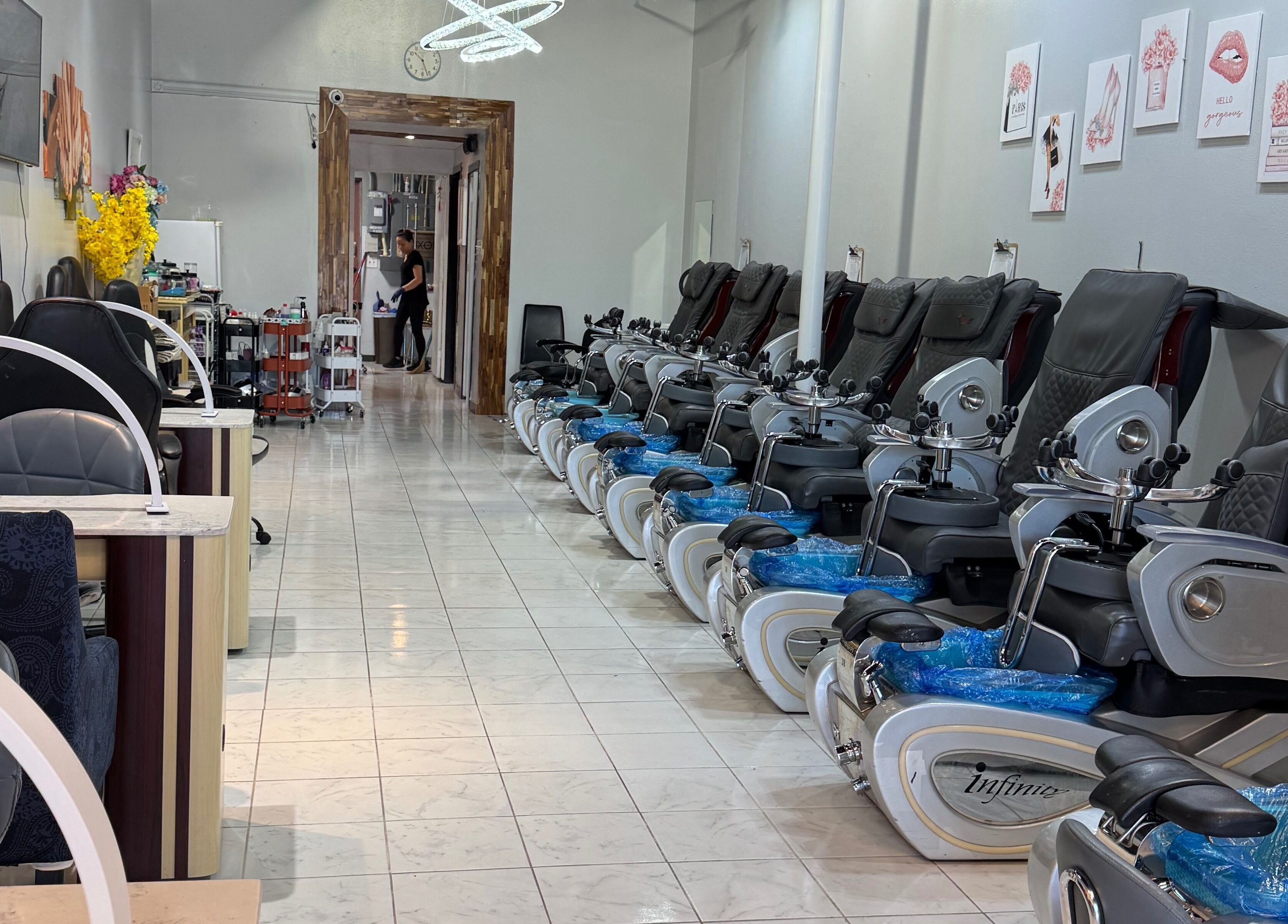 Prink Polished Nail Spa elegant pedicure chairs, Missouri City, Texas, US, inviting relaxation and beauty services.
