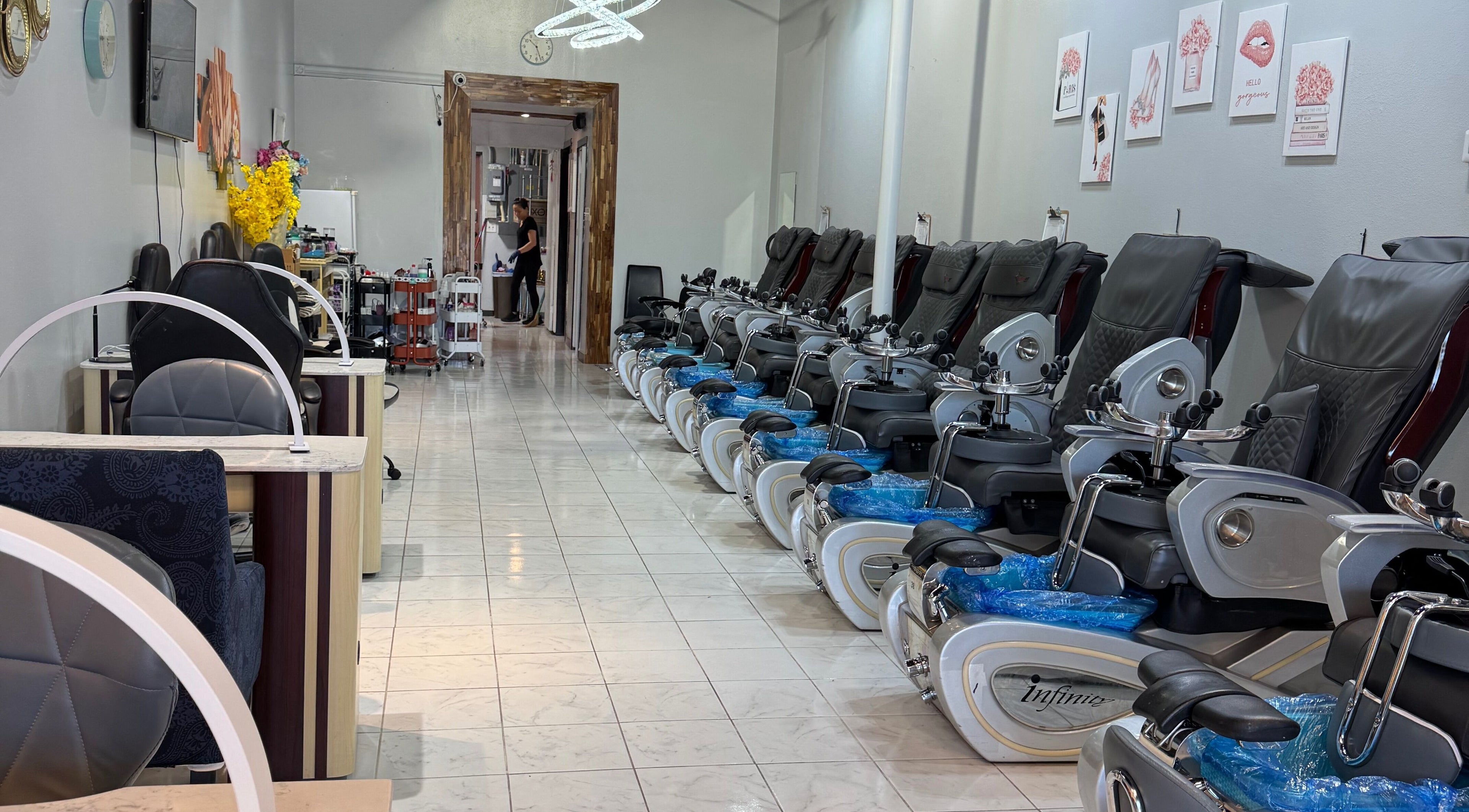 Prink Polished Nail Spa elegant pedicure chairs, Missouri City, Texas, US, inviting relaxation and beauty services.