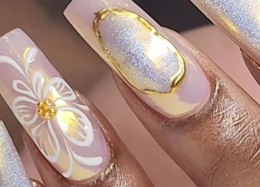Floral and gold nail art at Top Adi Line Nails, Old Harbour, St. Catherine Parish, JM.