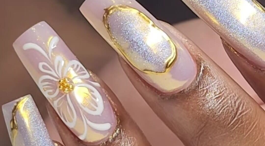Floral and gold nail art at Top Adi Line Nails, Old Harbour, St. Catherine Parish, JM.