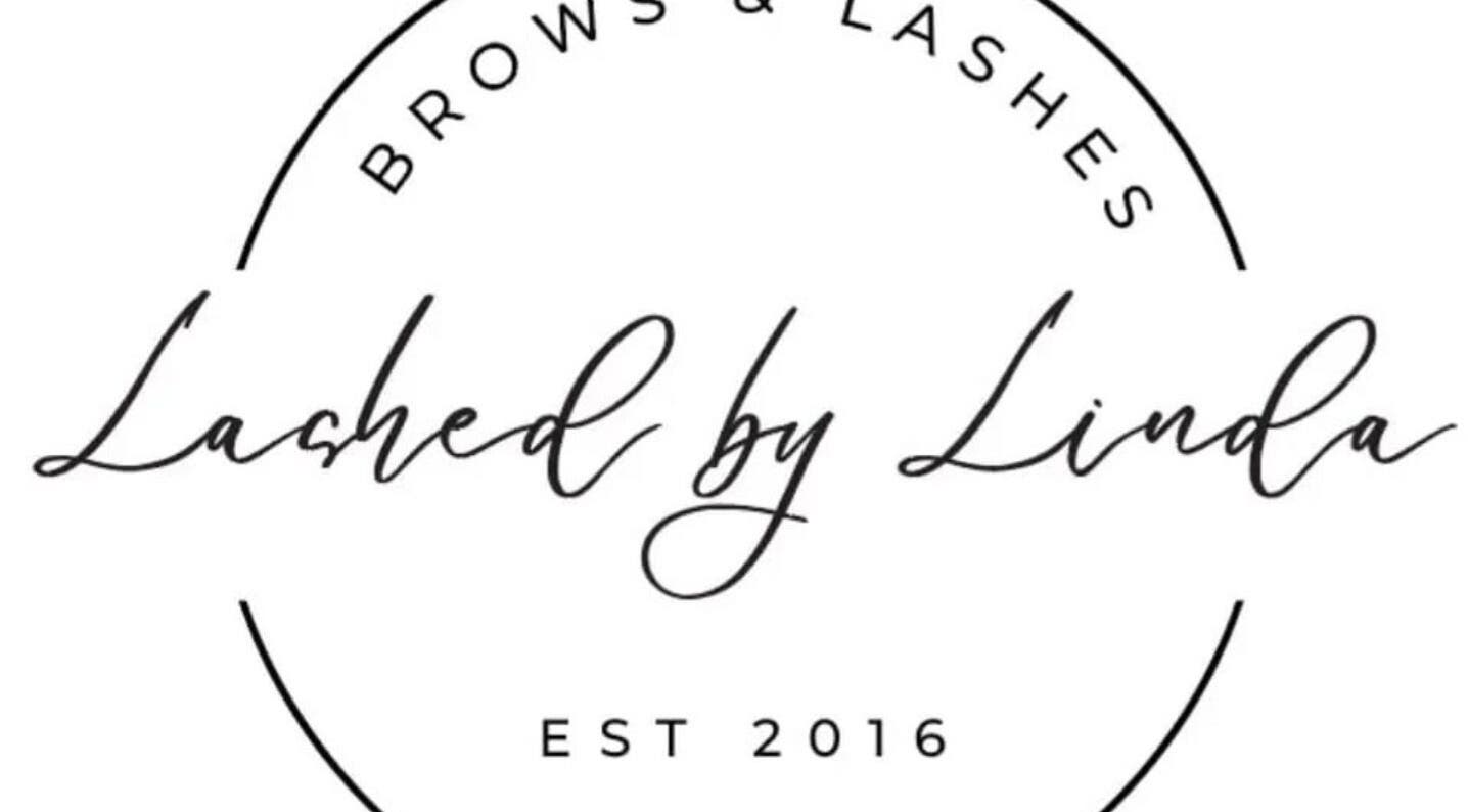 Lashed by Linda logo featuring elegant script with brows and lashes, Middleton Grange, New South Wales, AU.