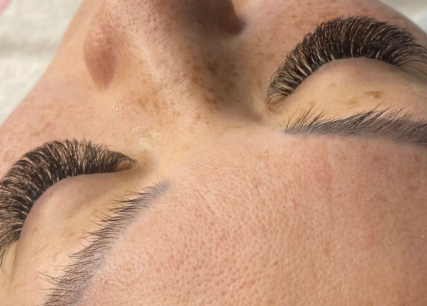 Close-up of eyelash extensions at Lashed by Linda, Middleton Grange, New South Wales, AU.