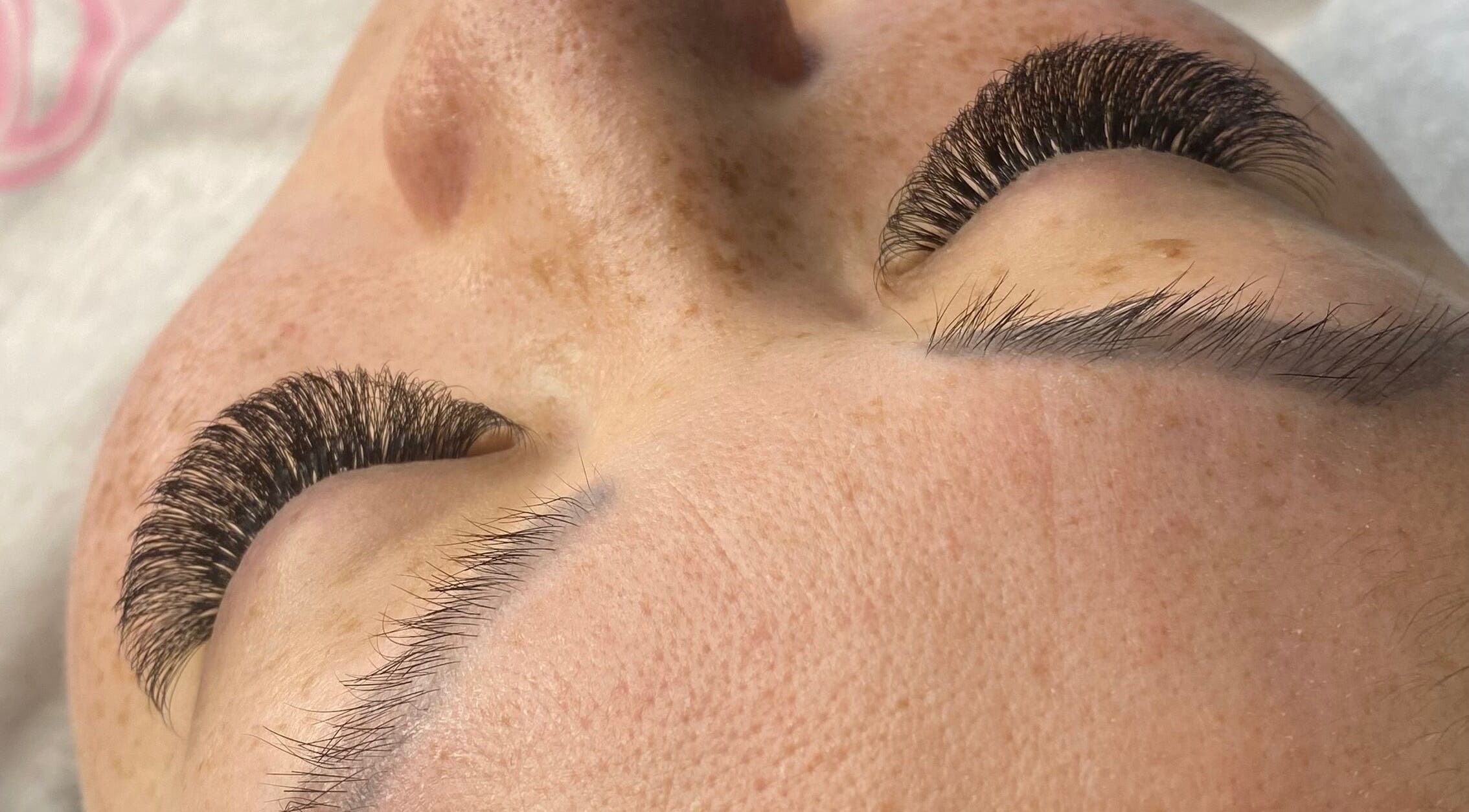 Close-up of eyelash extensions at Lashed by Linda, Middleton Grange, New South Wales, AU.