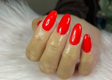 Vibrant red nails at Nails by Freya (Prestatyn), showcasing exquisite craftsmanship in Prestatyn, Wales, GB.