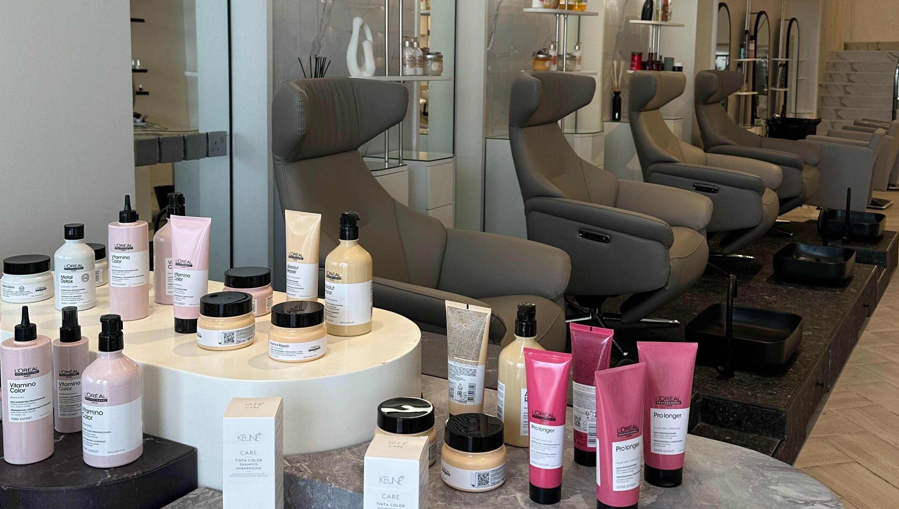 Elegant seating and beauty products display at Nomarz Beauty Lounge in Al Khobar, Eastern Province, SA.