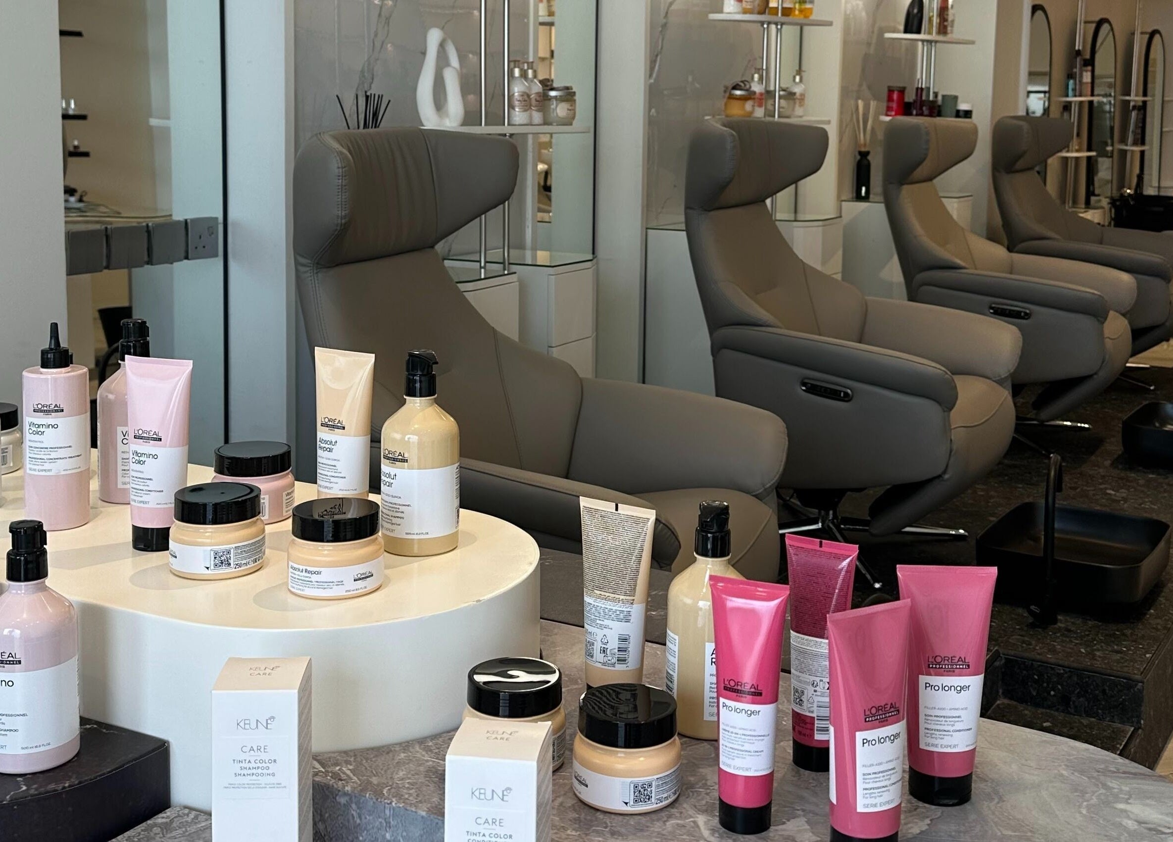 Elegant seating and beauty products display at Nomarz Beauty Lounge in Al Khobar, Eastern Province, SA.