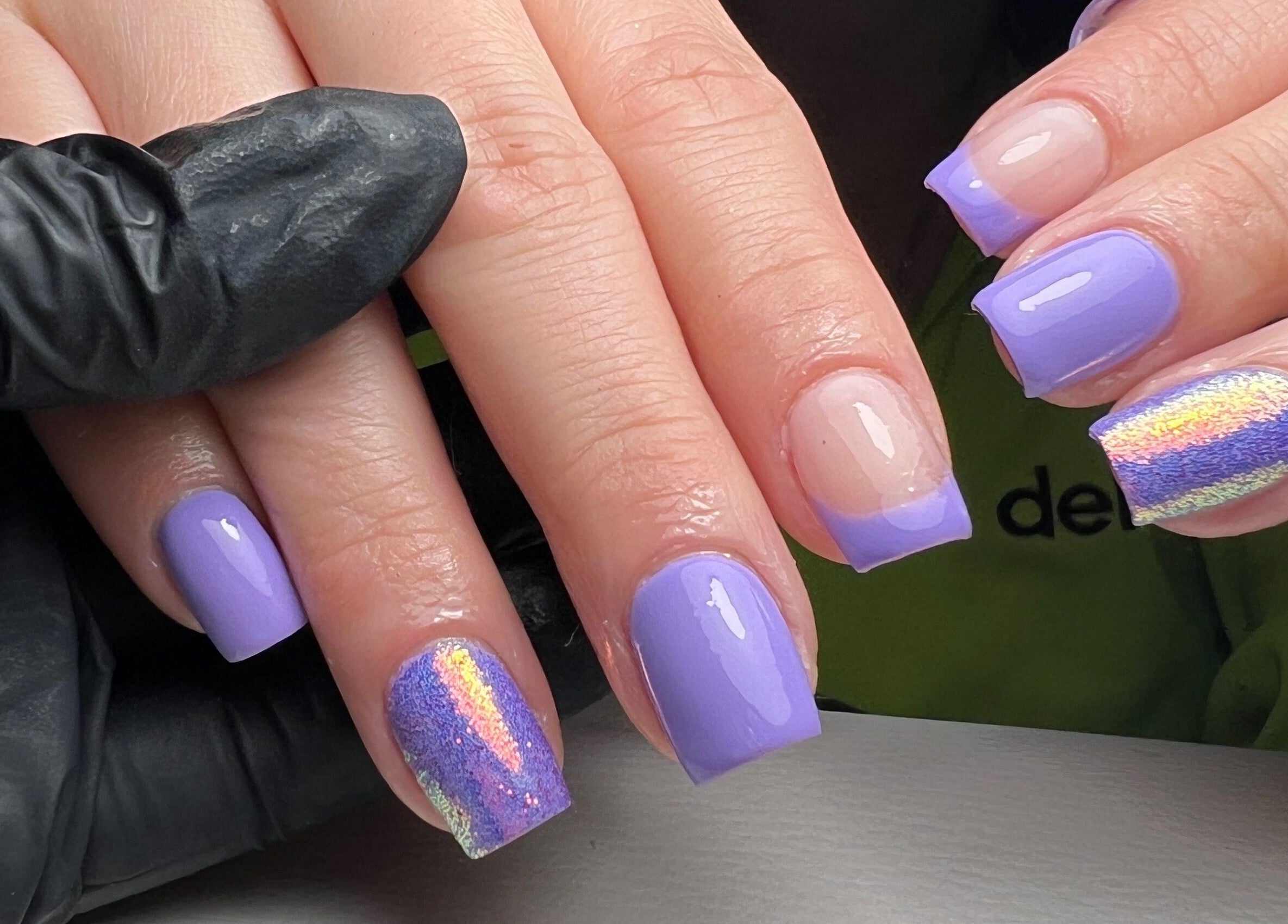 Lavender and holographic nails at Danii Nails, Bowden, South Australia, AU, showcasing stylish nail art.