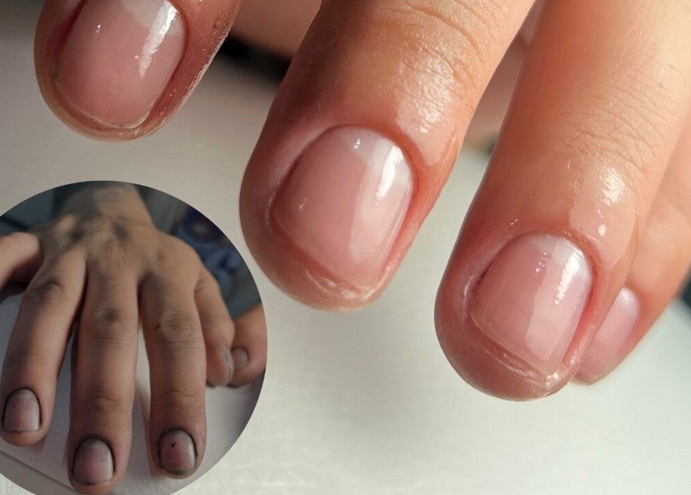 Close-up of transformed nails after manicure at Danii Nails, Bowden, South Australia, AU.