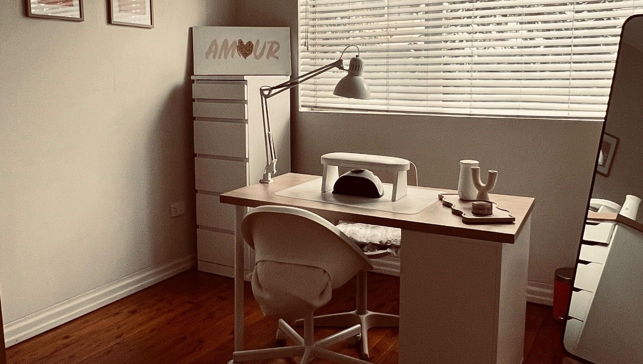 Inviting nail station at Danii Nails, Bowden, South Australia, AU, with soft lighting and modern decor.