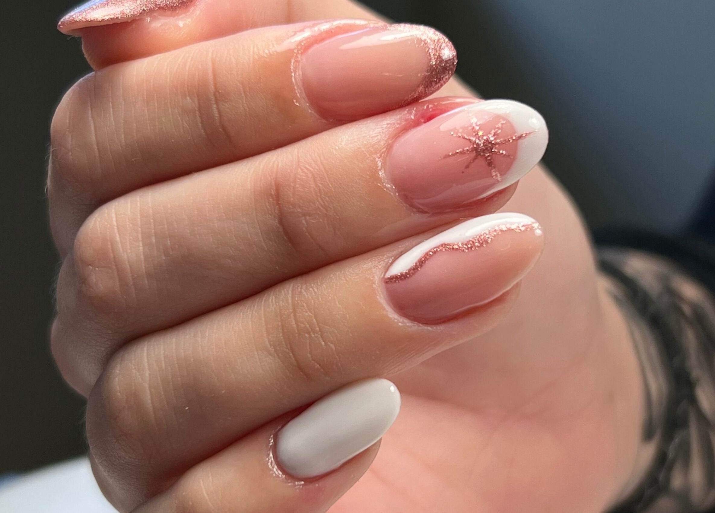 Pink and white nails with glitter from Danii Nails in Bowden, South Australia, AU.