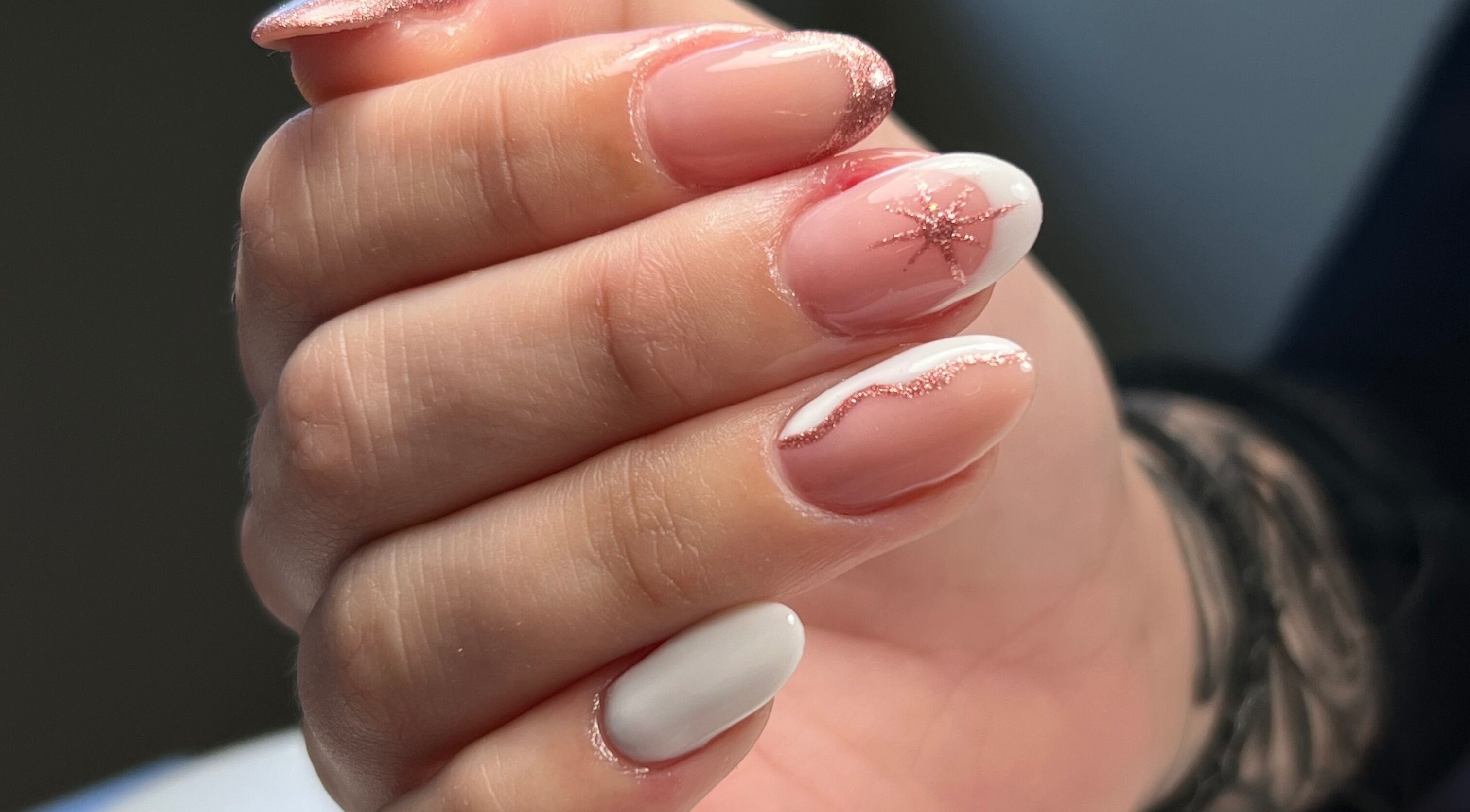 Pink and white nails with glitter from Danii Nails in Bowden, South Australia, AU.